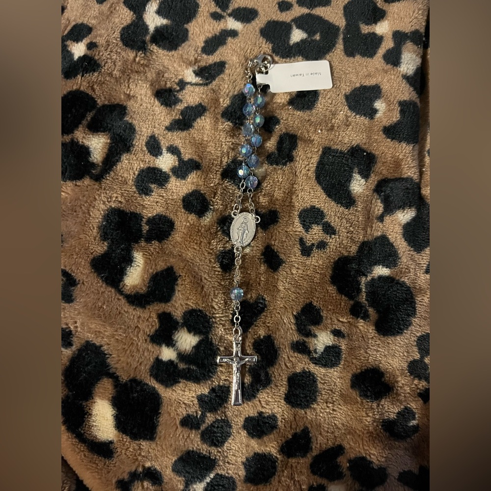 Silver Rosary Necklace with Blue Beads